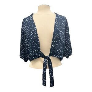 Roxy Kimono Navy Polka Dot Swim Cropped Tie Front Cover Up Top Large Boho Summer